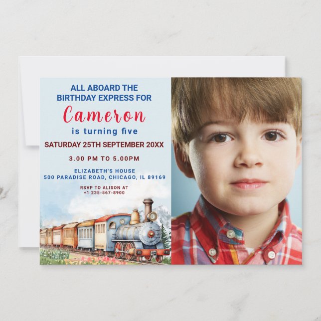 Editable Train Birthday Invitation with Photo (Front)