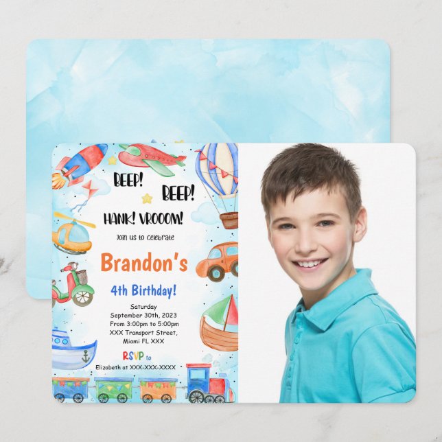 Editable Transportation Birthday Party Photo Invitation (Front/Back)