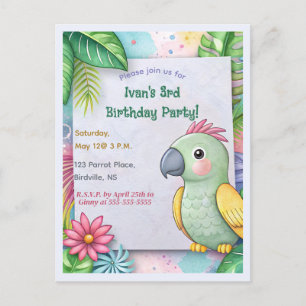 Editable Tropical Parrot Birthday Invitation Postcard