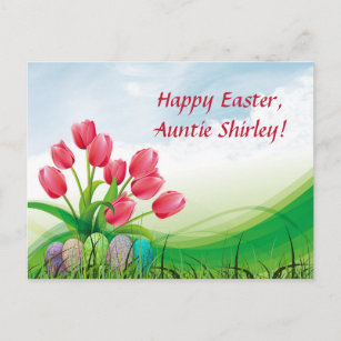 Editable Tulips and Easter Eggs on Grass Easter Postcard