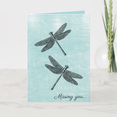 Editable Two Dragonflies on Aqua Missing You Card