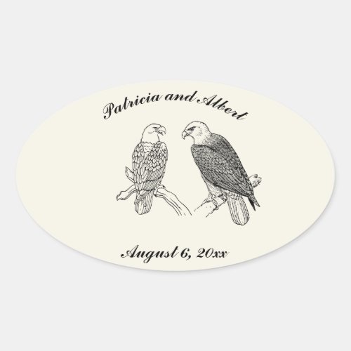 Editable Two Eagles on Branches Wedding Oval Sticker