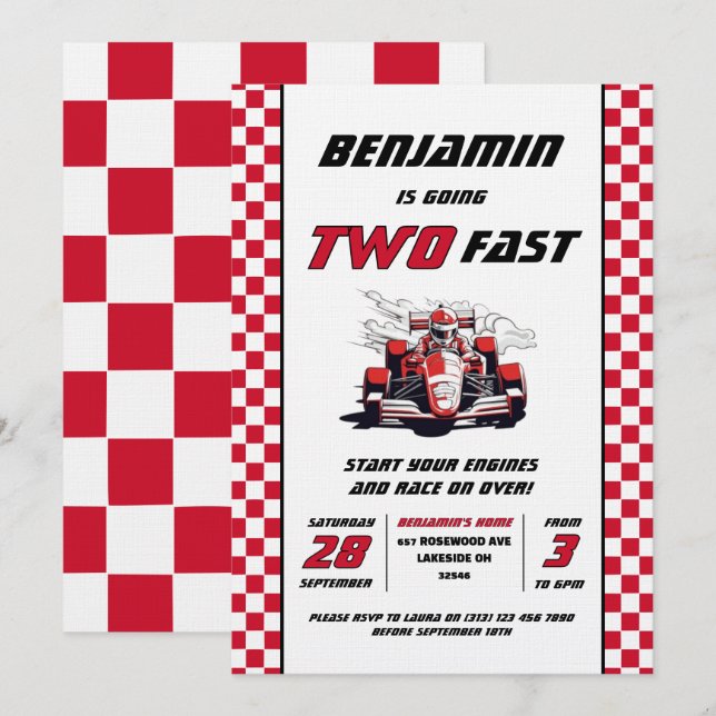 Editable Two Fast Racing Car Birthday Party Invitation (Front/Back)
