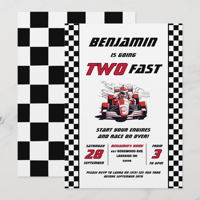 Editable Two Fast Racing Car Birthday Party Invitation (Front/Back)