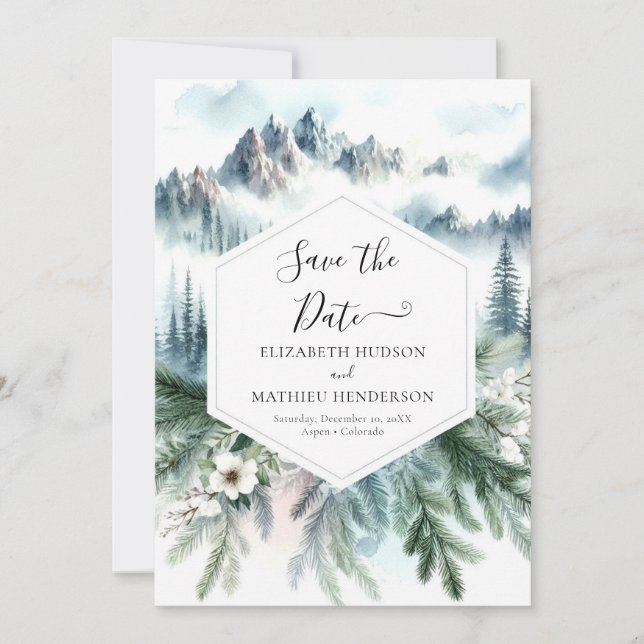 Editable Typography Mountain Wedding Save The Date (Front)