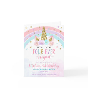 Editable Unicorn 4th Birthday Invitation Four Ever