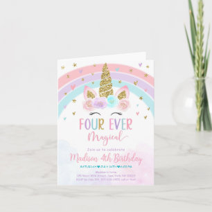 Editable Unicorn 4th Birthday Invitation Four Ever
