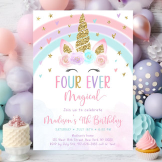 Editable Unicorn 4th Birthday Invitation Four Ever