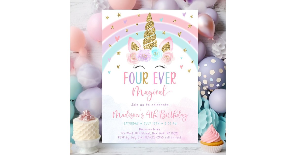 Editable Unicorn 4th Birthday Invitation Four Ever | Zazzle