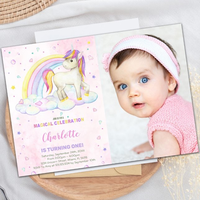 Editable Unicorn Birthday Invitation with Photo (Rainbow Watercolor Unicorn Birthday Invitations ph)