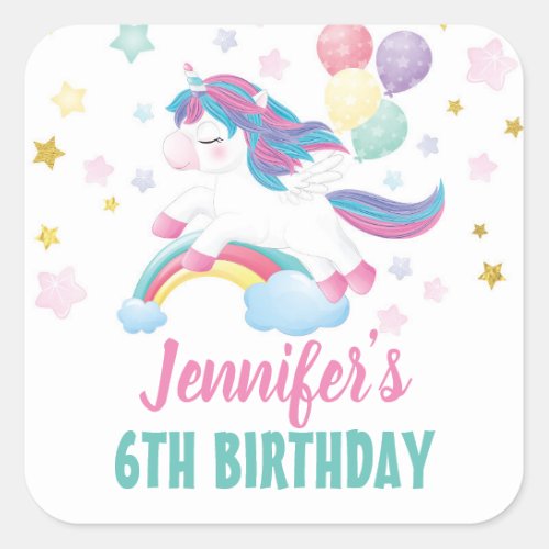 Editable Unicorn Birthday Party Favor Square Sticker