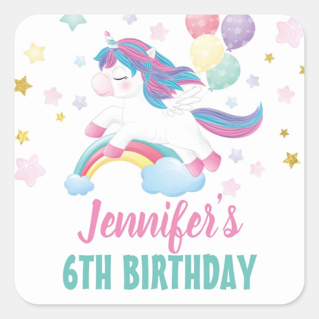 Editable Unicorn Birthday Party Favor Square Sticker (Front)