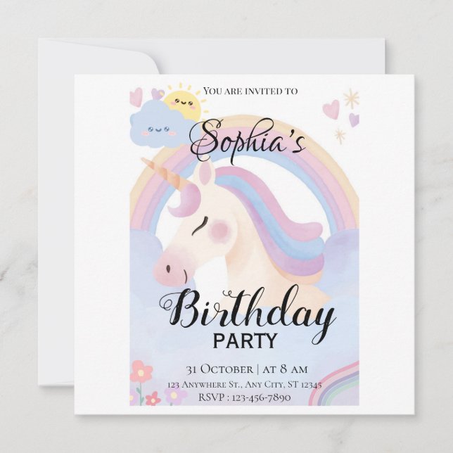 Editable Unicorn Birthday Party Invitation (Front)