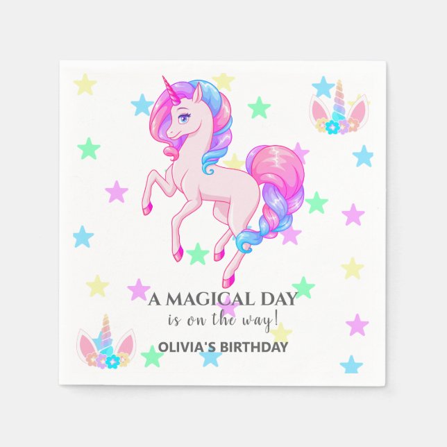 Editable Unicorn Birthday Party Paper Napkin (Front)