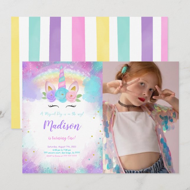 Editable Unicorn Birthday Party Photo Invitation (Front/Back)