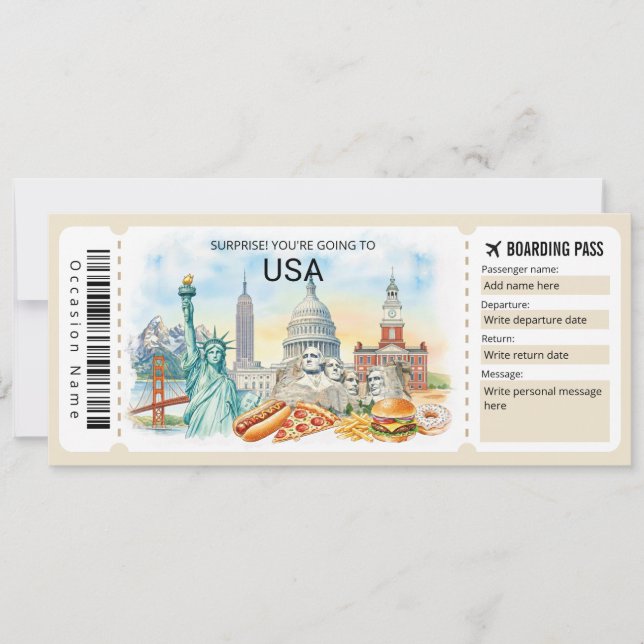 Editable USA Trip Boarding Pass Ticket Invitation (Front)