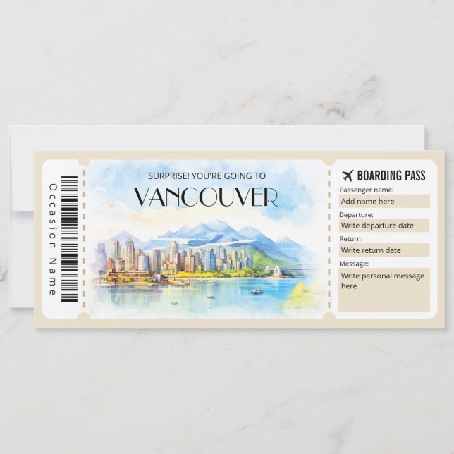 Editable Vancouver Canada Plane Boarding Pass Invitation (Front)