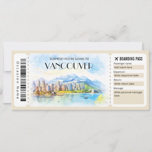 Editable Vancouver Canada Plane Boarding Pass Invitation