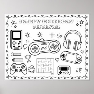 Editable video game Birthday coloring mat Poster