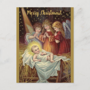 Editable Vintage Baby Jesus and Angels Christmas Postcard