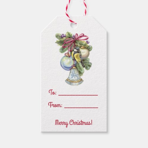 Editable Vintage Bird on Bell Christmas Gift Tags