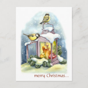 Editable Vintage Birds on a Lantern Christmas Postcard