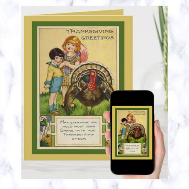 Editable Vintage Children With Turkey Thanksgiving Card (Creator Uploaded)