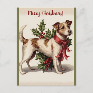 Editable Vintage Dog With Holly and Bow Christmas Postcard