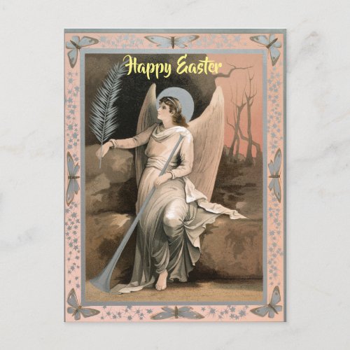 Editable Vintage Easter Angel Holding a Feather Postcard