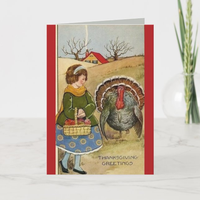 Editable Vintage Girl Apples Turkey Thanksgiving Card (Front)