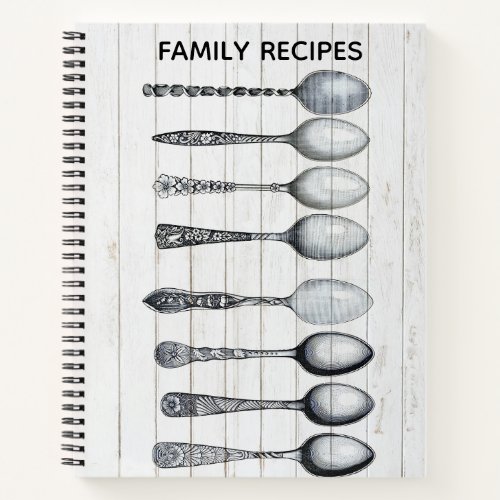 Editable Vintage Spoons on Light Wood Recipe  Notebook
