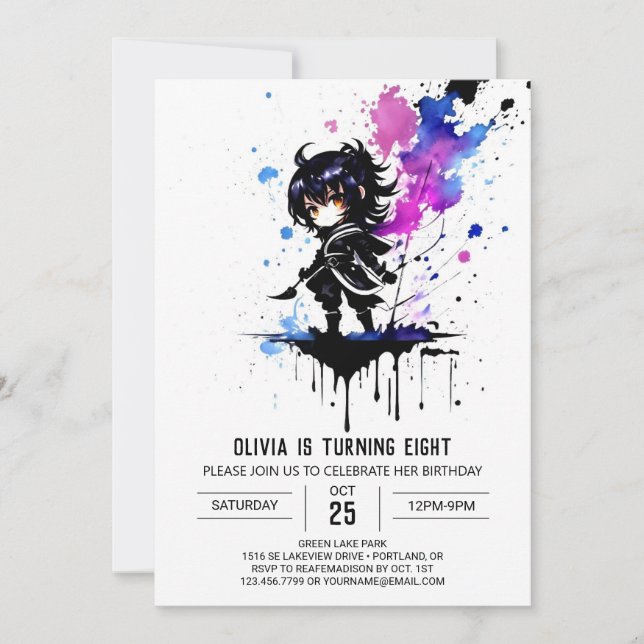 Editable Warrior Ninja Digital Girl Birthday Invitation (Front)
