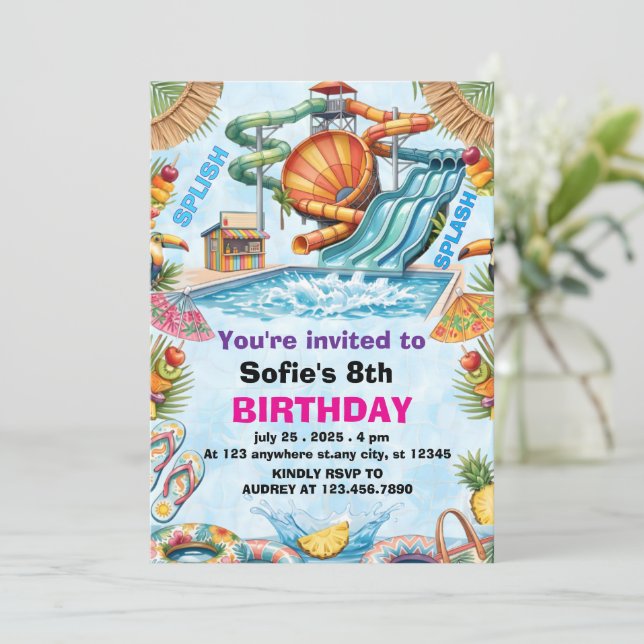 Editable Water Slide Birthday Splash Pool Party  Invitation (Standing Front)