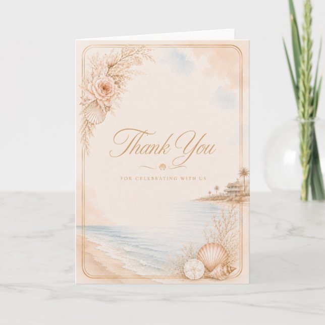 Editable Watercolor Beach Wedding Thank You Card (Front)