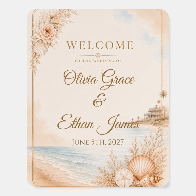 Editable Watercolor Beach Wedding Welcome Sign (Front)