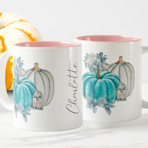 Editable Watercolor Blue Pink Pumpkin Name Autumn Two-Tone Coffee Mug