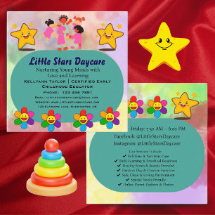 Editable Watercolor Cute Daycare Babysitting Stars Square Business Card