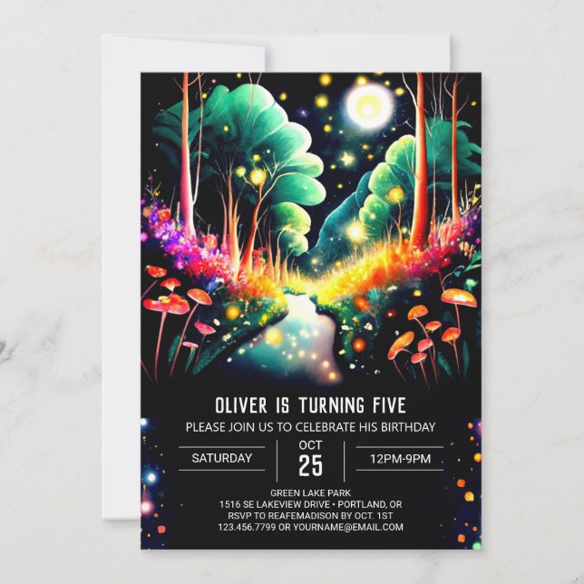 Editable Watercolor Fireflies Woods Birthday Invitation (Front)