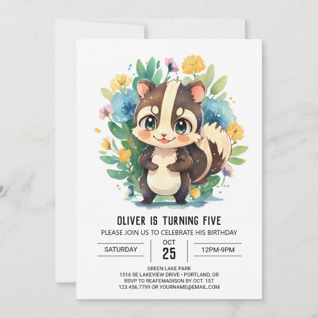  Editable Watercolor Skunk Boy Birthday Invitation (Front)