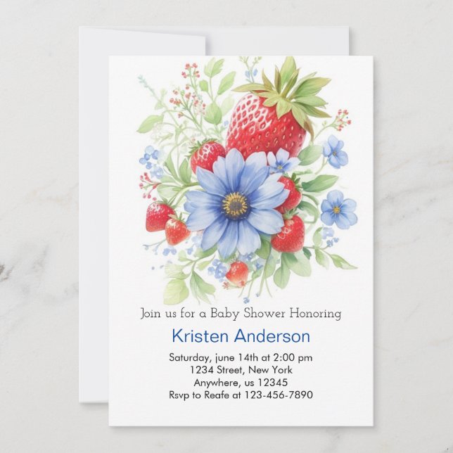 Editable Watercolor Strawberry Boy Baby Shower Invitation (Front)