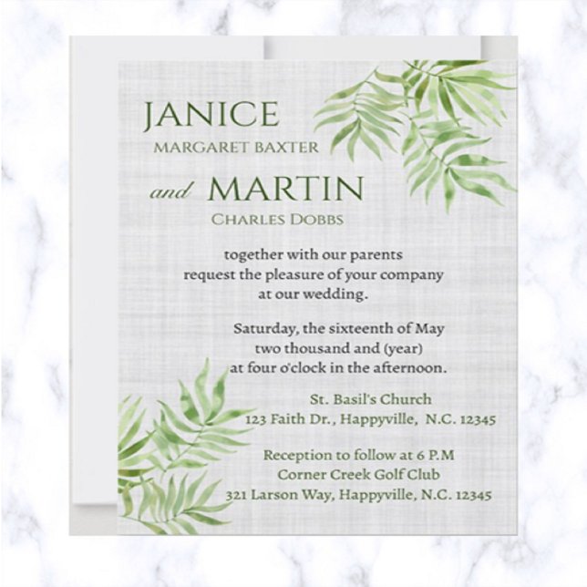Editable Watercolour Palm Leaves on Linen Wedding Invitation (Creator Uploaded)
