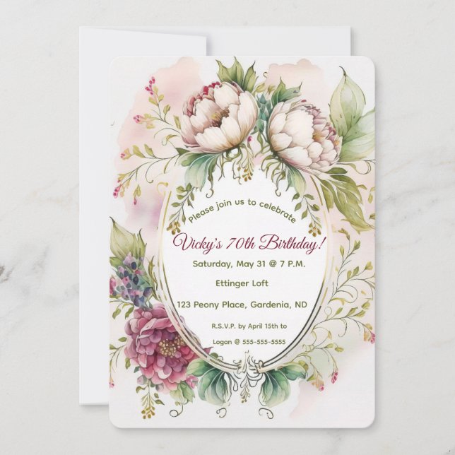 Editable Watercolour Peonies Invitation (Front)