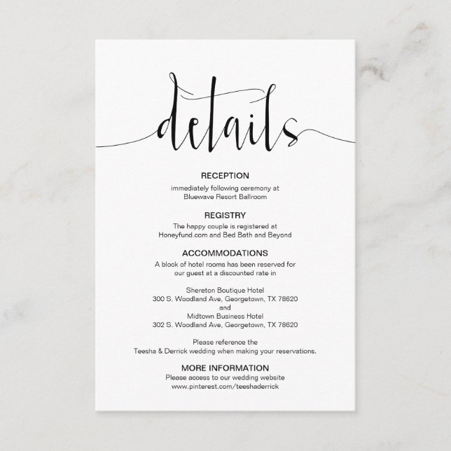 Editable Wedding Details, Black Modern Font, Enclosure Card (Front)