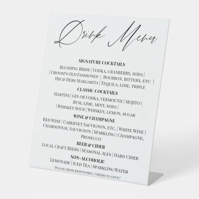 Editable Wedding Drinks Menu Tabletop Sign (Front)