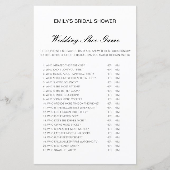 Editable Wedding Shoe Game Wedding Shower Game (Front)