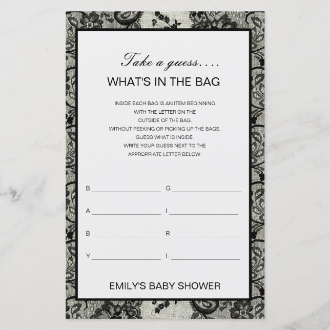 Editable What's in the Bag Baby Shower Game (Front)
