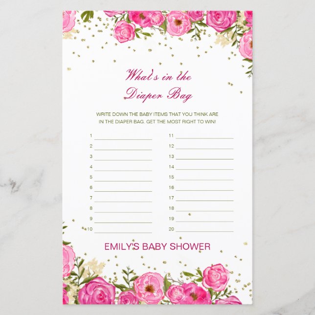 Editable What's in the Diaper Bag Baby Shower Game (Front)