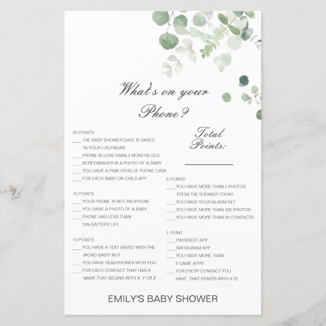 Editable What's on your Phone Baby Shower Game (Front)