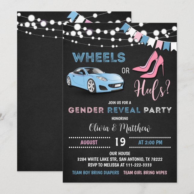 Editable Wheels or Heels Gender Reveal Party Invitation (Front/Back)