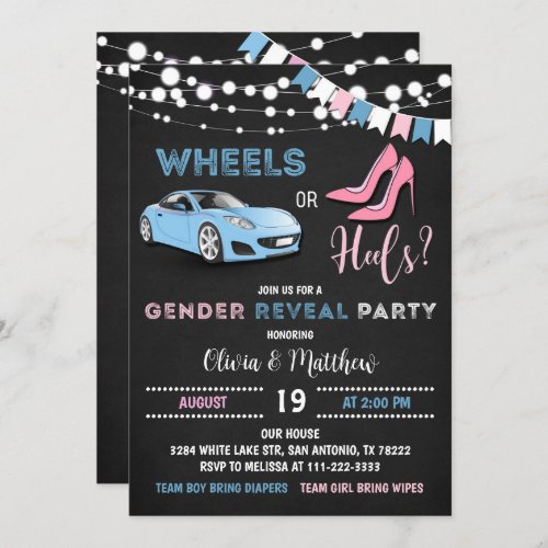 Editable Wheels or Heels Gender Reveal Party Invitation